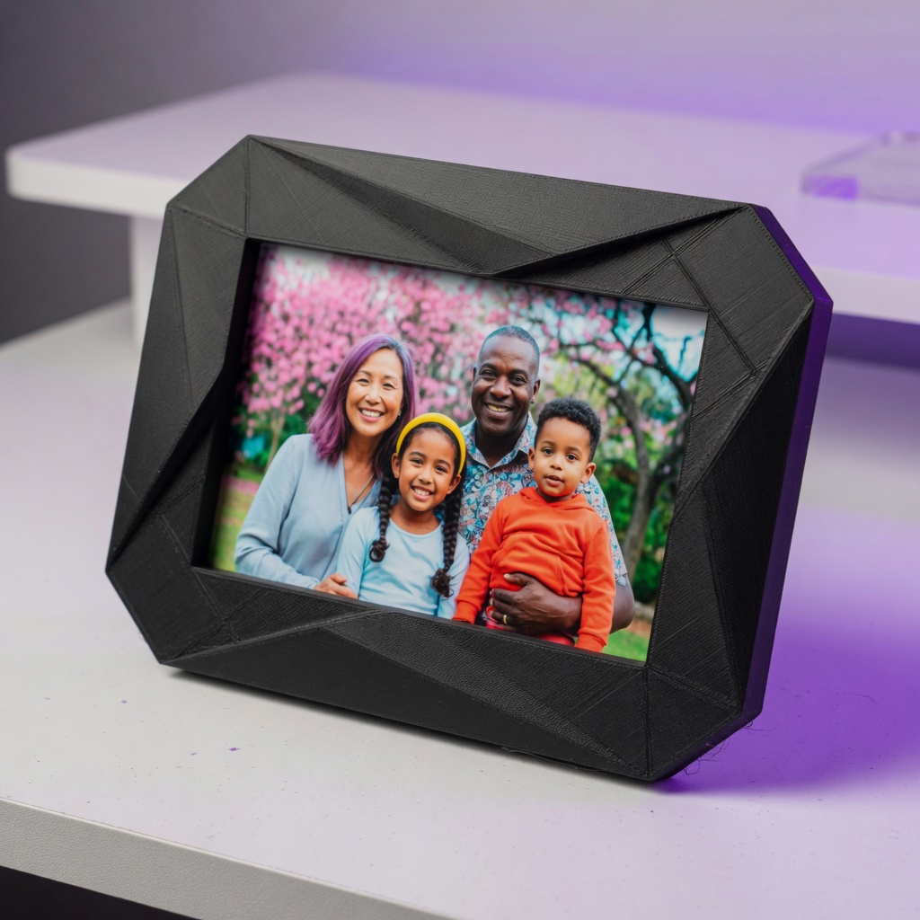 Matte black geometric 3D-printed frame with family portrait
