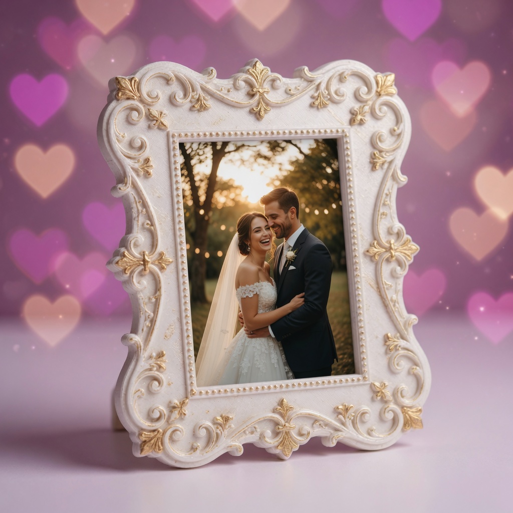 Ornate white and gold 3D-printed wedding frame