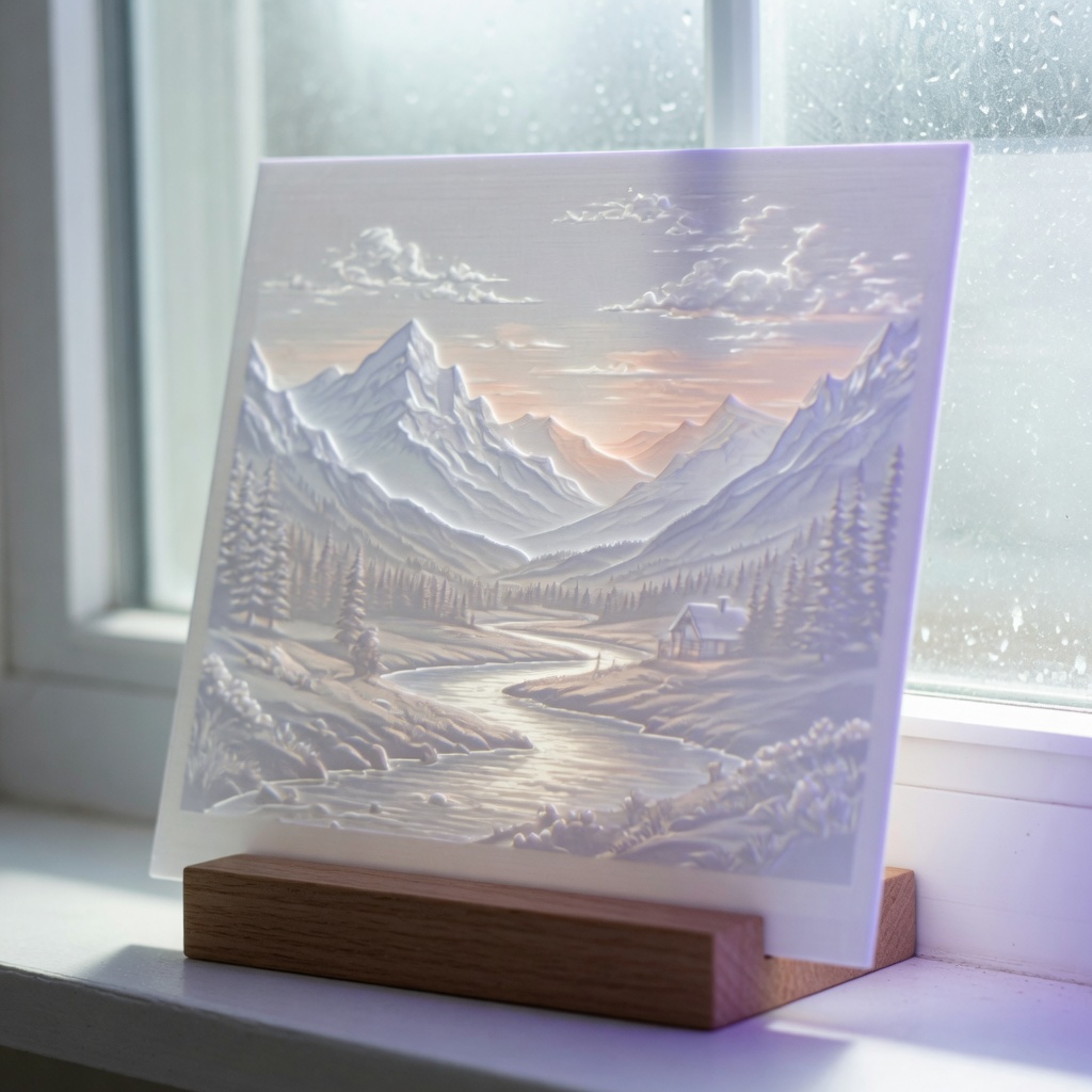 Landscape lithophane on a stand by window light